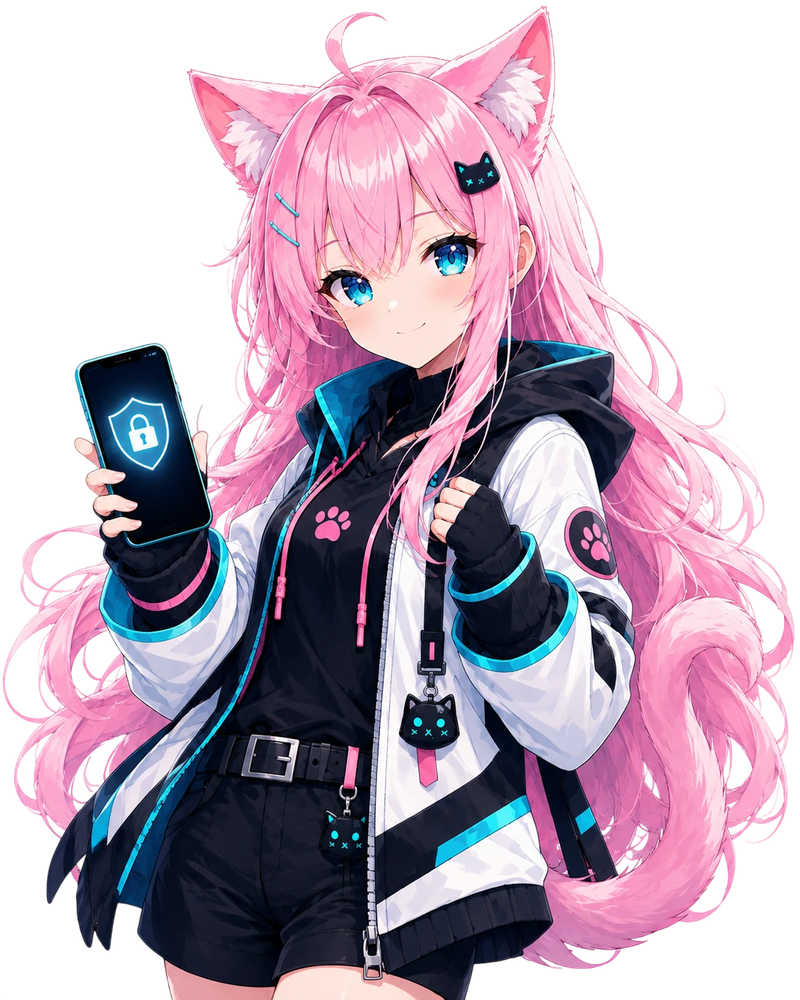 Nekoway pink-haired catgirl mascot holding a secured phone
